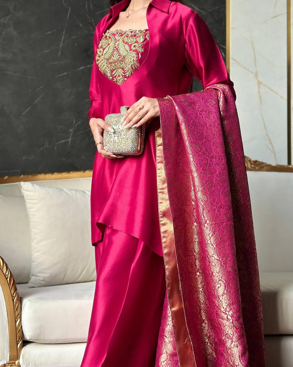 Regal Pink Peacock-Embellished Gala Suit